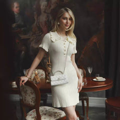 Vestido clásico con volantes, estilo retro francés, estilo Hepburn, ajustado y de punto.