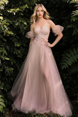 Heart Neck Tulle Prom Dress Puffy Sleeves Side Split