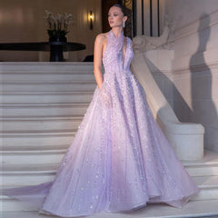 Beaded Lilac Halter Neck Evening Gown