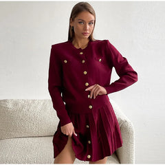 Slim Fit Elegant Burgundy Red Coat and Mini Skirt Set for Women