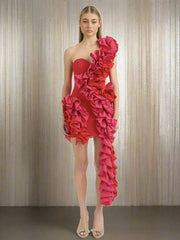 Solid Ruffles One Shoulder Strips Prom Mini Dress