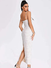 Women V Neck White Pearl Beading Maxi Dress