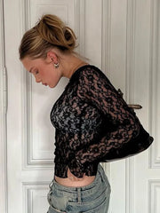 Long Sleeve See-Through Lace Crop Top for Women � Bodycon Party Wear
