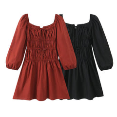 Bow Square Collar Puff Long Sleeve Elastic Waist Mini Dress