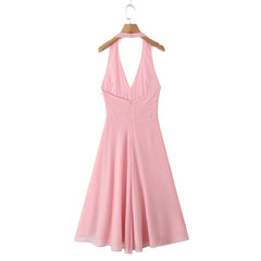 Pink Deep V Collar Halter Sling Midi Dress