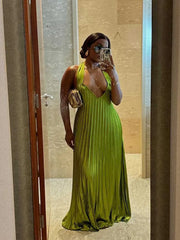 Pleated Hollow Out Halter Neck Long Dress