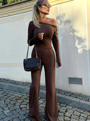 One Shoulder Flare Sleeve Top Long Pant Suit