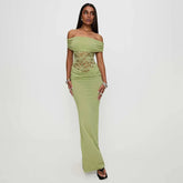 Off-shoulder Strapless Green Lace Sheer Long Dress