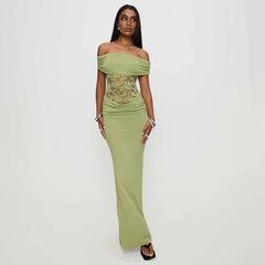 Off-shoulder Strapless Green Lace Sheer Long Dress