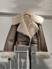 Spliced Leather Faux Fur Long Sleeve Jacket