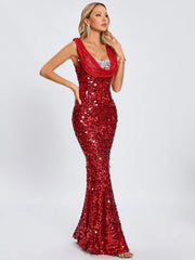 Swinging Neck Sequins Red Long Dress