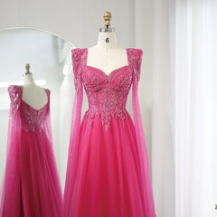 Fuchsia Beaded Evening Gown with Cape Sleeves