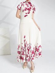Printed Top and Pleated Long Skirt Suit