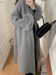 Lace-Up Fur Fluffy Lapel Long Sleeve Overcoat