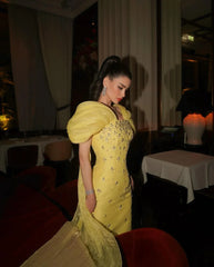 Beaded Yellow Evening Gown with Cape Sleeves