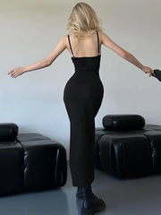 Open Back Lace Patchwork Black Maxi Dress