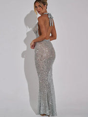 Open Back Sequins Sparkling Halter Maxi Dress