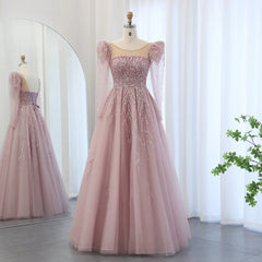 Dusty Pink Long Sleeve Formal Prom Gown