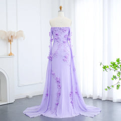 Off-Shoulder Lilac 3D Flowers Evening Dress with Cape Sleeves