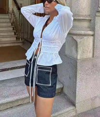 White Ruffle Tied Long Sleeve Women's Blouse