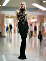 Halter Neck Lace Patchwork Black Maxi Dress