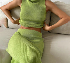 High Neck Knitting Top and Solid Long Skirt Suit