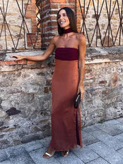 Elegant Ribbon Patchwork Off-Shoulder Strapless Maxi Dress