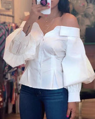 Lantern Sleeve Open Shoulder Top