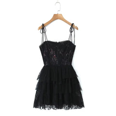 Mesh Bow Lacing up Black Mini Dress