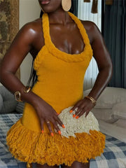 Fluff Patchwork Halter Mini Dress