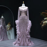 Beaded Mermaid Evening Dress with Feather Cape Sleeves