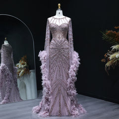 Beaded Mermaid Evening Dress with Feather Cape Sleeves