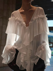See Through Solid Long Sleeved Ruffles Tops