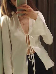 Satin Lace Up Long Sleeved Blouse