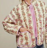 Pink Flower Print Stand neck Quilted Jacket
