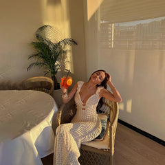 Deep V Neck Sleeveless High Waist Long Knitted Dress