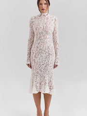 Lace White Long Sleeve Turtleneck Dress