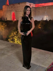 Backless Halter Mesh Sequin Maxi Dress