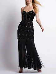 Minikleid mit Diamantquasten, Spaghettiträgern und offenem Rücken