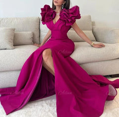 Ruffles Puffy Sleeves Satin Floor Length Prom Dress