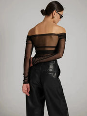 Mesh Off-shoulder Pleated Bust Strapless See Through Top