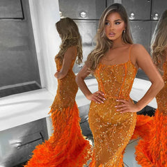 Spaghetti Strap Mermaid Feathers Beaded Prom Dress