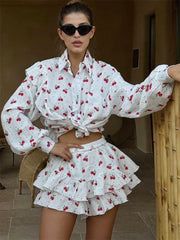 Ruffled Printed Long Sleeve Top and Shorts Sets