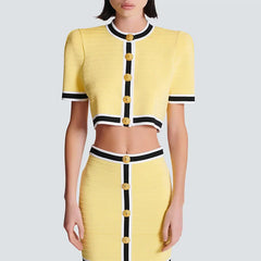 Yellow Short Cardigan and Mini Skirt Suit