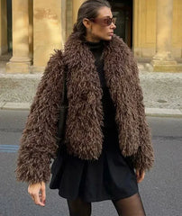 Turn Down Collar Faux Fur Coat