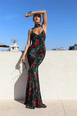 Halter Backless Print Sleeveless High Waist Long Dress