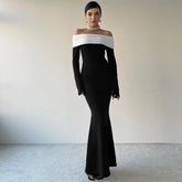 Black & White Off-the-Shoulder Maxi Dress with Long Sleeves