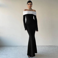 Black & White Off-the-Shoulder Maxi Dress with Long Sleeves
