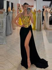 Gold Lace-up Tops 2 Pieces Floor-length Dress