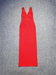 Deep V Neck Red Sleeveless Bodycon Long Dress